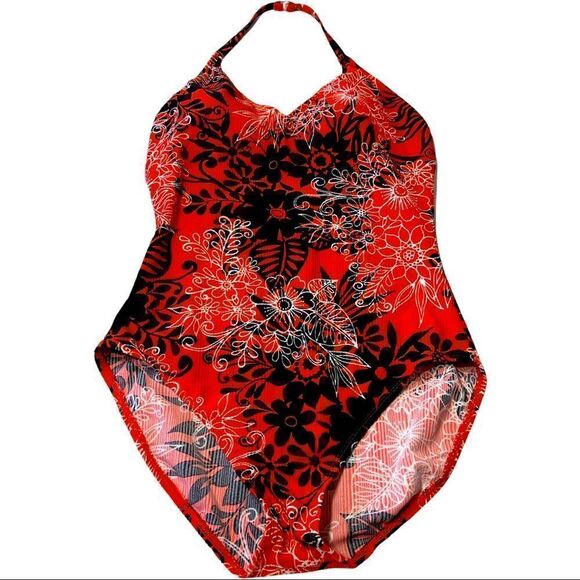 Catalina Orange Textured/Ribbed Floral Black&White Print 1-Piece Swimsuit Sz 2X - Picture 3 of 14